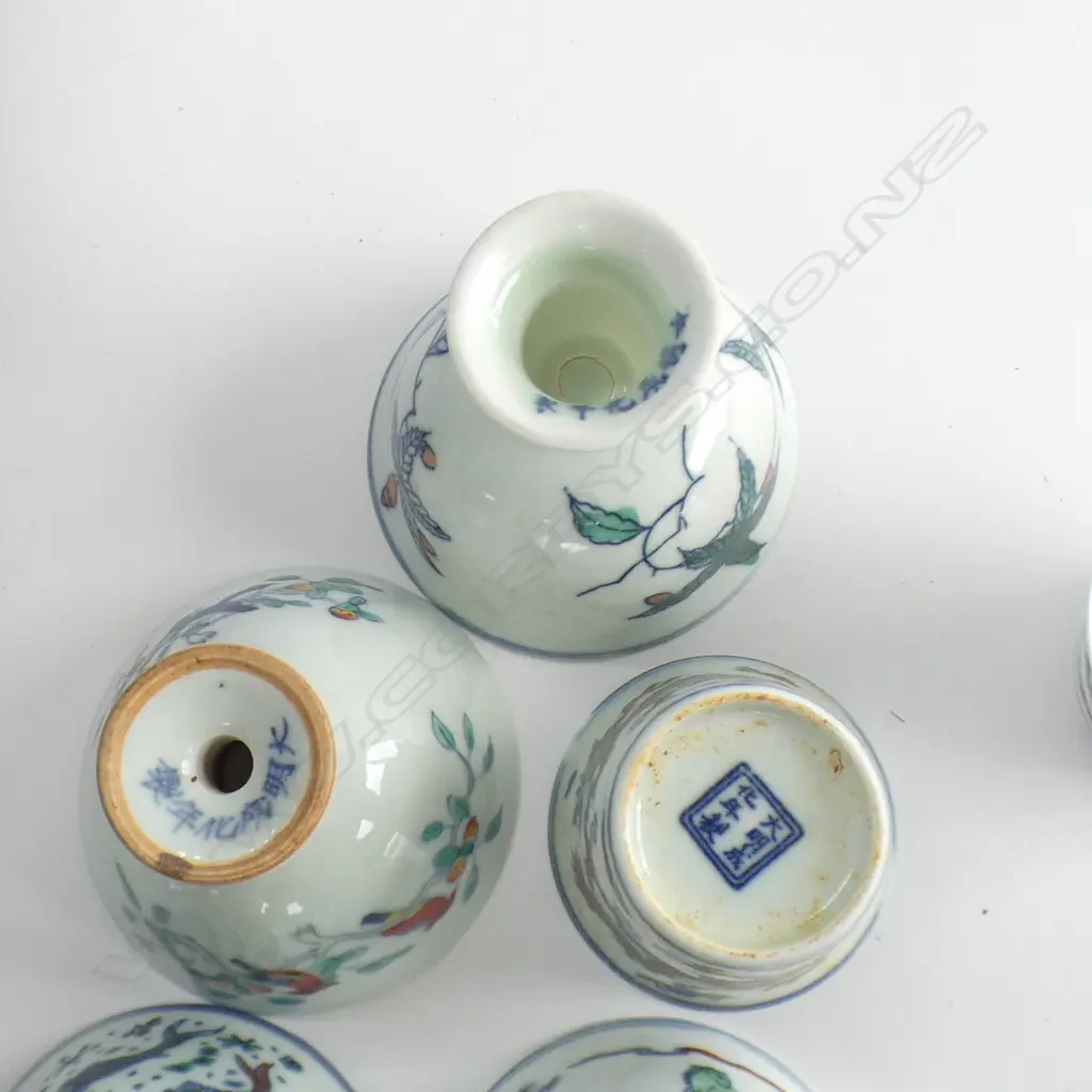 7 PCS CHINESE DOUCAI PORCELAIN; 5 ASST STEMMED CUPS & 2 SMALL TEACUPS Image 1++