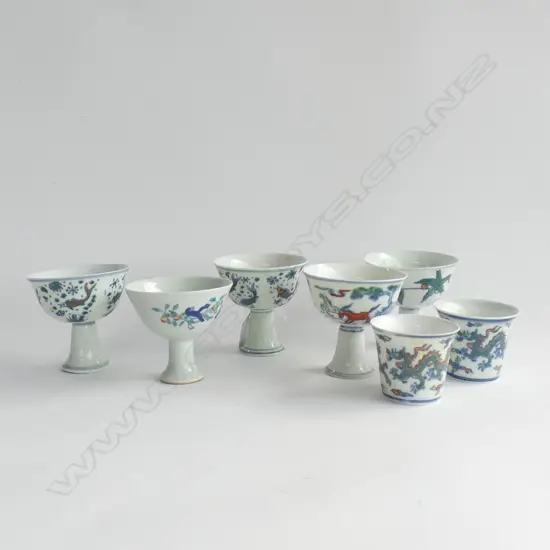 7 PCS CHINESE DOUCAI PORCELAIN; 5 ASST STEMMED CUPS & 2 SMALL TEACUPS