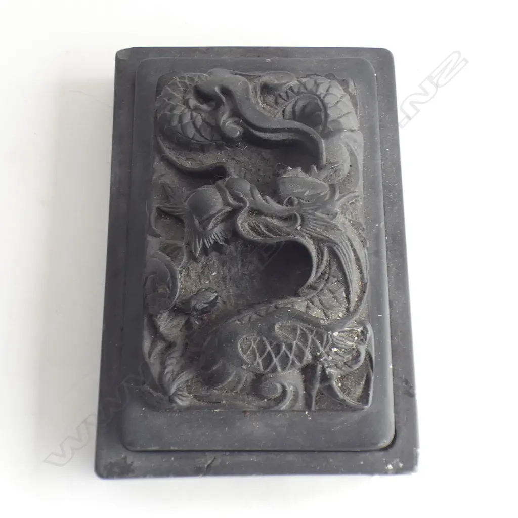 CHINESE LIDDED INK STONE w. DRAGON DESIGN 180x120mm Image 1++