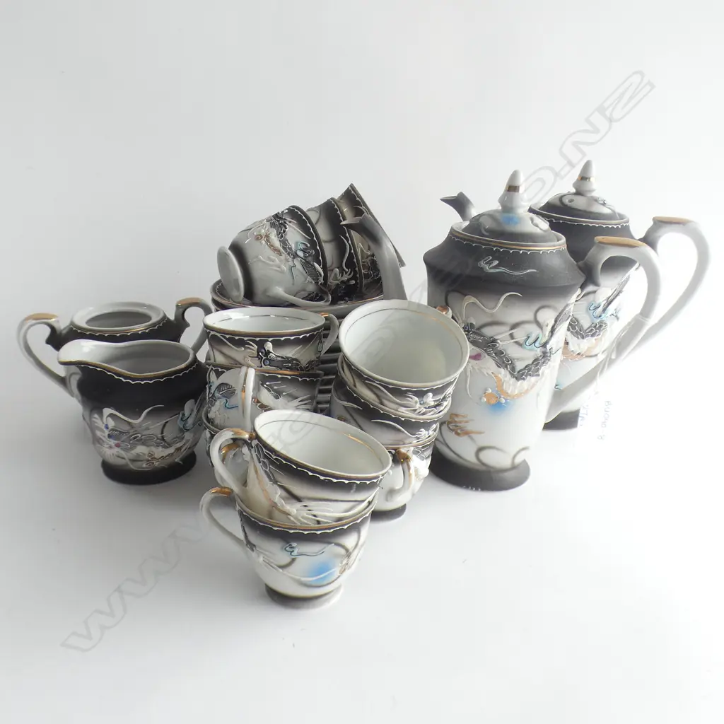 ORIENTAL DRAGON PATTERN DEMITASSE COFFEE SETS; 2 COFFEE POTS, 11 CUPS & 12 SAUCERS, JUG & BOWL Image 1++
