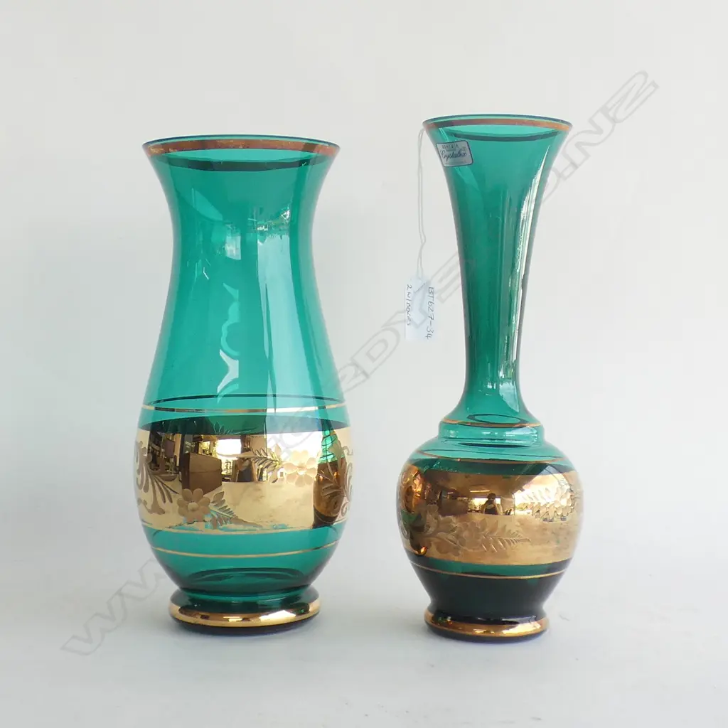 2 GREEN CRYSTAL VASES WITH GOLD TRIMS & BANDS - ONE BOHEMIA CRYSTAL (265MM) & 1 HOYA CRYSTAL (H 255MM)- BOTH IN BOXES (H Image 1++