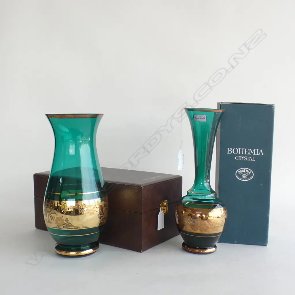 2 GREEN CRYSTAL VASES WITH GOLD TRIMS & BANDS - ONE BOHEMIA CRYSTAL (265MM) & 1 HOYA CRYSTAL (H 255MM)- BOTH IN BOXES (H Image 1++