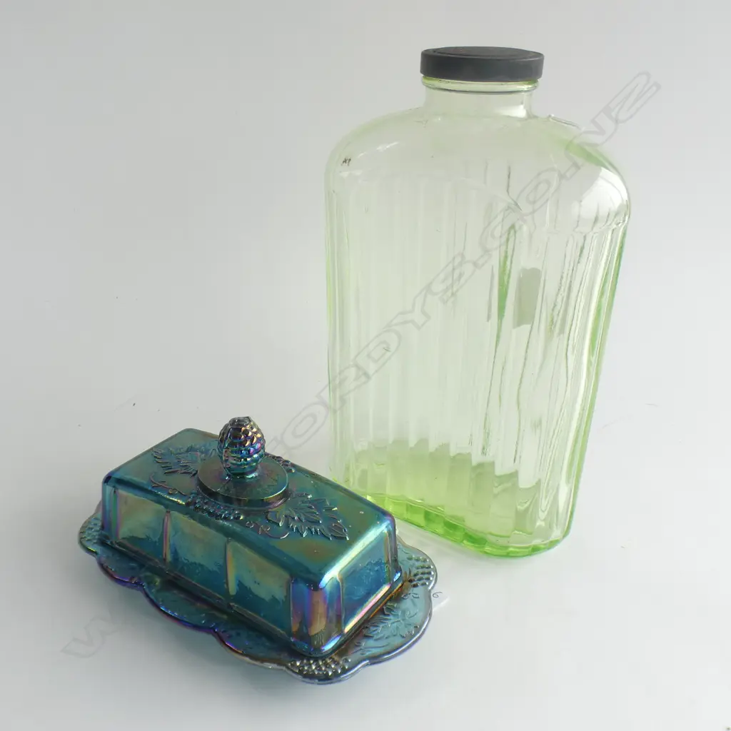 LG OLD GREEN GLASS RIDGED BOTTLE WITH METAL LID (H 245MM)  & CARNIVAL GLASS CHEESE DISH  Image 1++