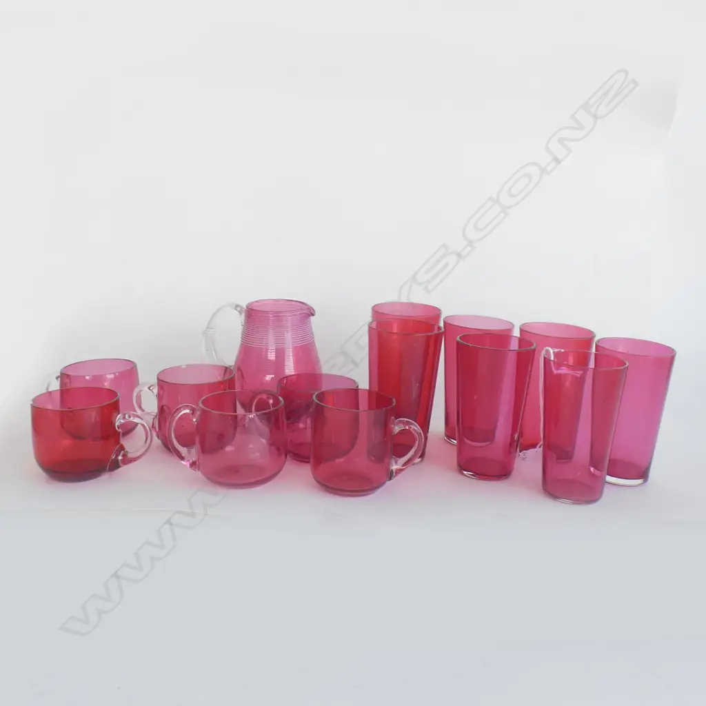 RUBY GLASS; 6 CUSTARD CUPS, 7 BEAKERS & JUG WITH APPLIED FRILL Image 1++