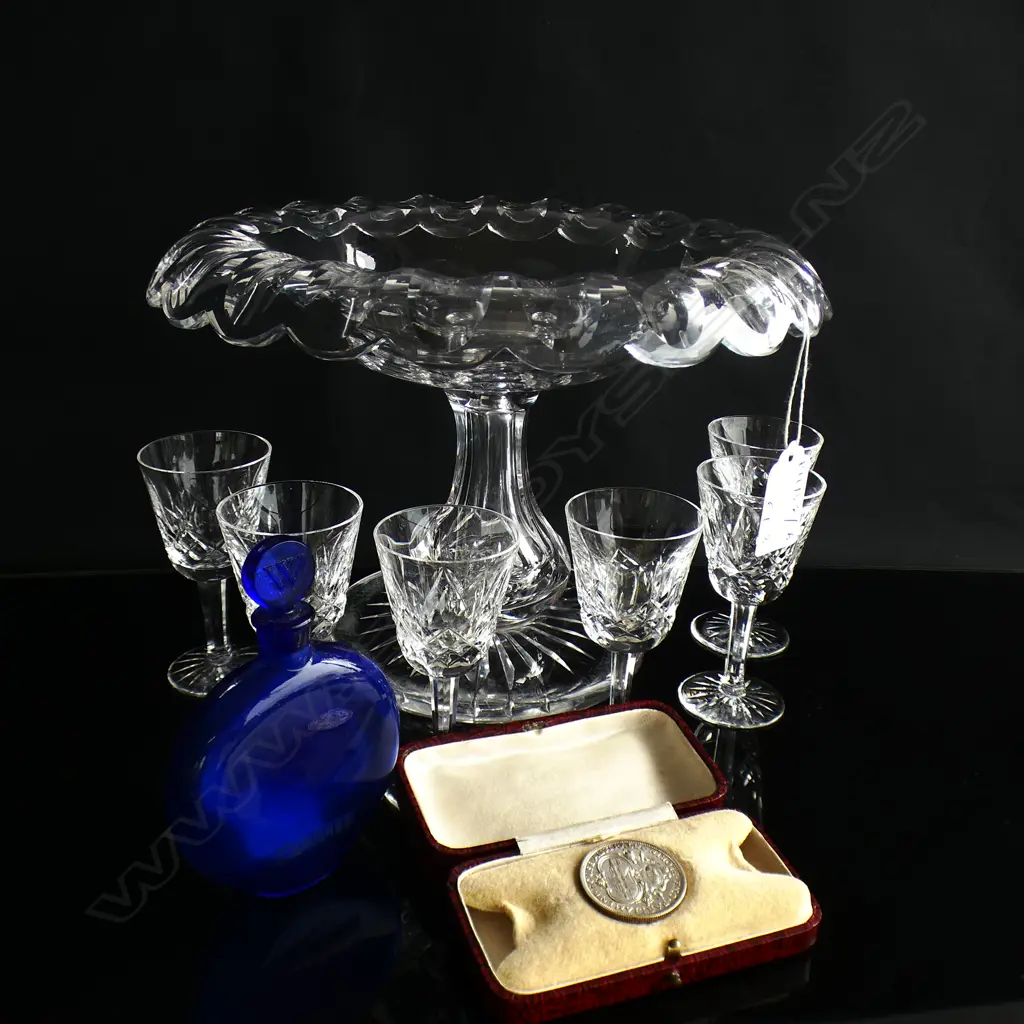 CRYSTAL COMPORT 240mm dia + 6 WATERFORD SHERRY GLASSES + BLUE WORTH PERFUME BOTTLE + SILVER? TOKEN Image 1++