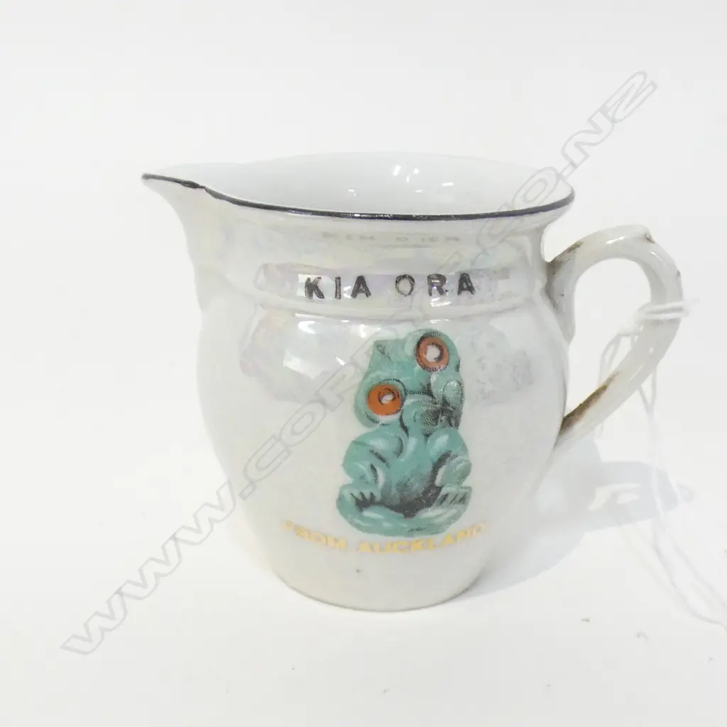 SM CZECH LUSTRE JUG PRINTED WITH 'KIA ORA' & A TIKI H 60MM Image 1++