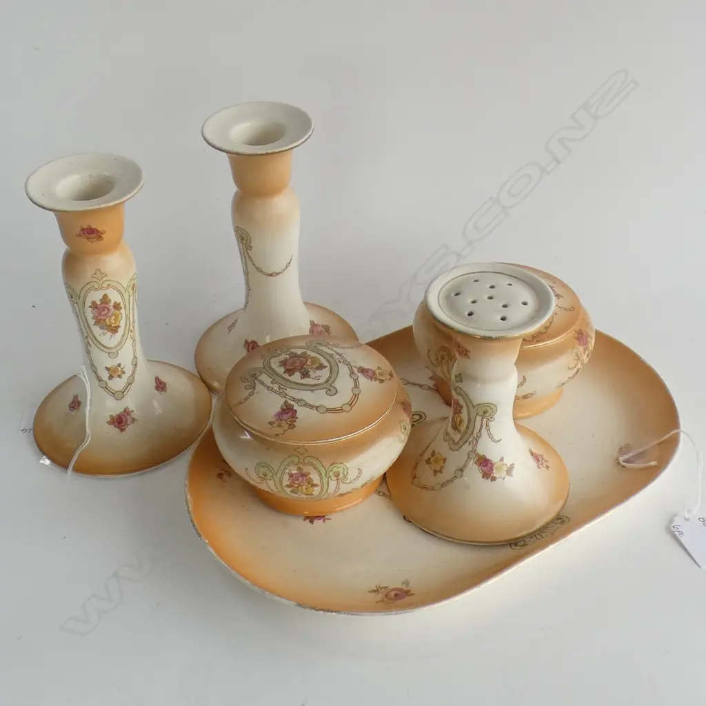 6 PC CROWN DEVON BLUSH WARE DRESSING TABLE SET; TRAY, LIDDED CONTAINER, HAIR TIDY, POMANDER & PR CANDLESTICKS  Image 1++
