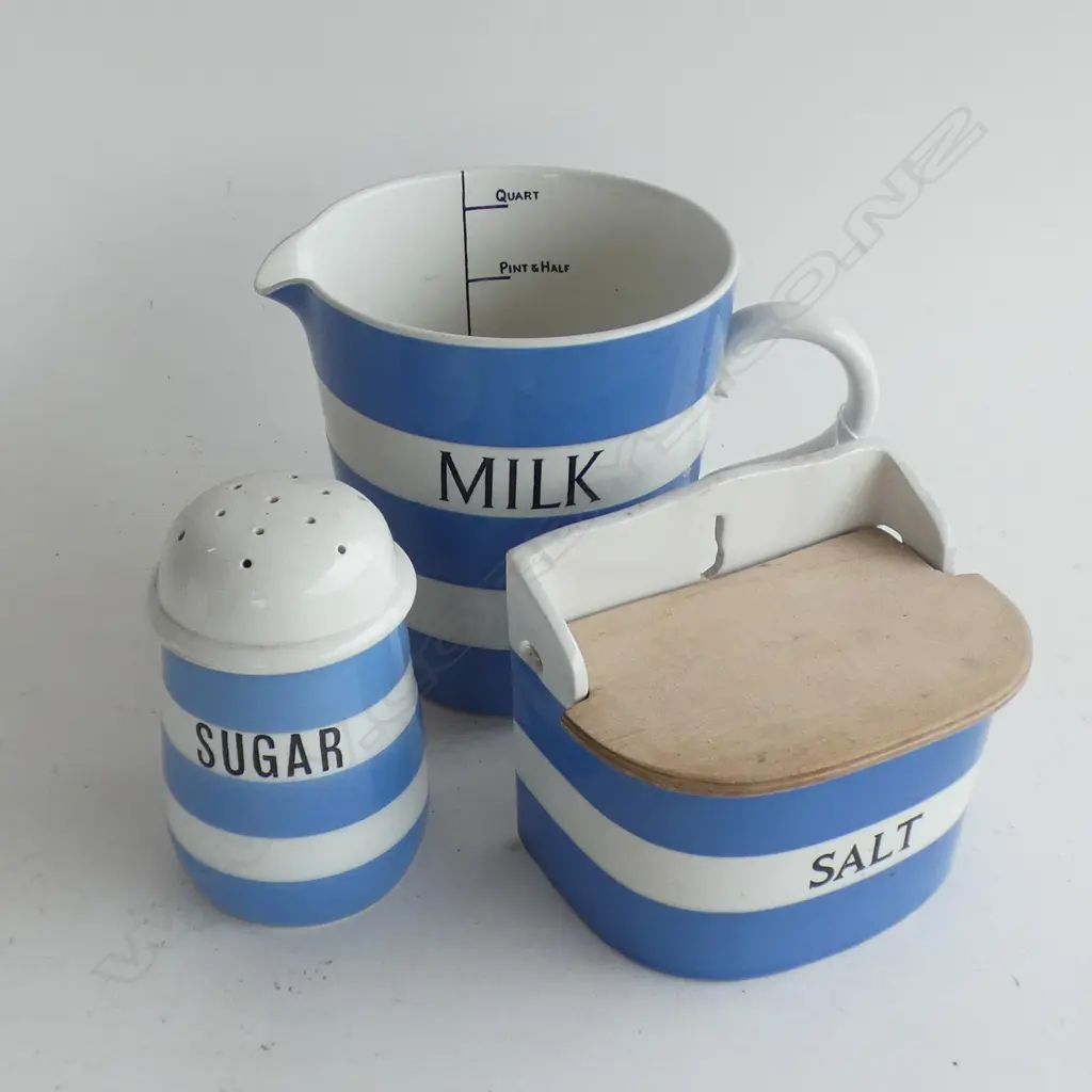 3 PCES CORNISHWARE; MILK JUG H.150mm, SALT BIN, SUGAR SIFTER Image 1++
