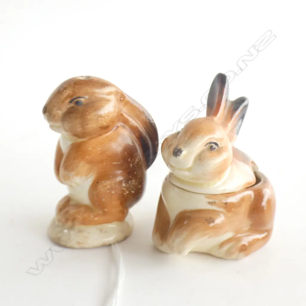HANDPAINTED BY CLARICE CLIFF SALT & PEPPER RABBITS Image 1++