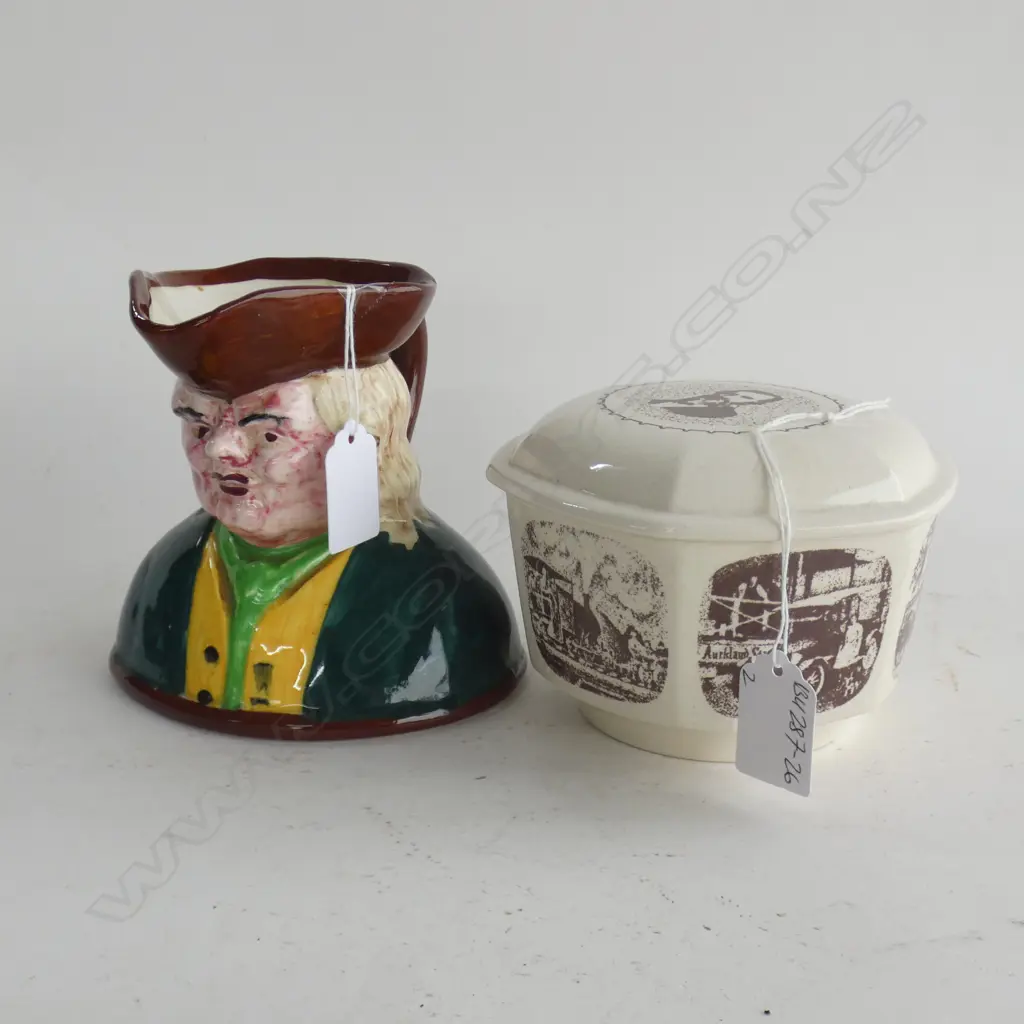 2 CROWN LYNN PCES. CHARACTER JUG + 50YR CERAMCO lidded box Image 1++