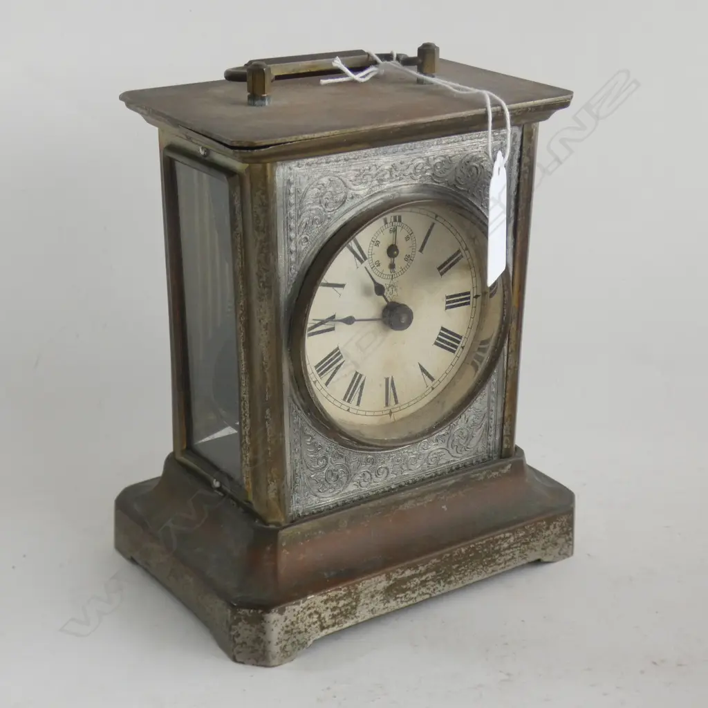 OLD SILVERED BRASS CARRIAGE/MANTLE CLOCK H.160mm Image 1++
