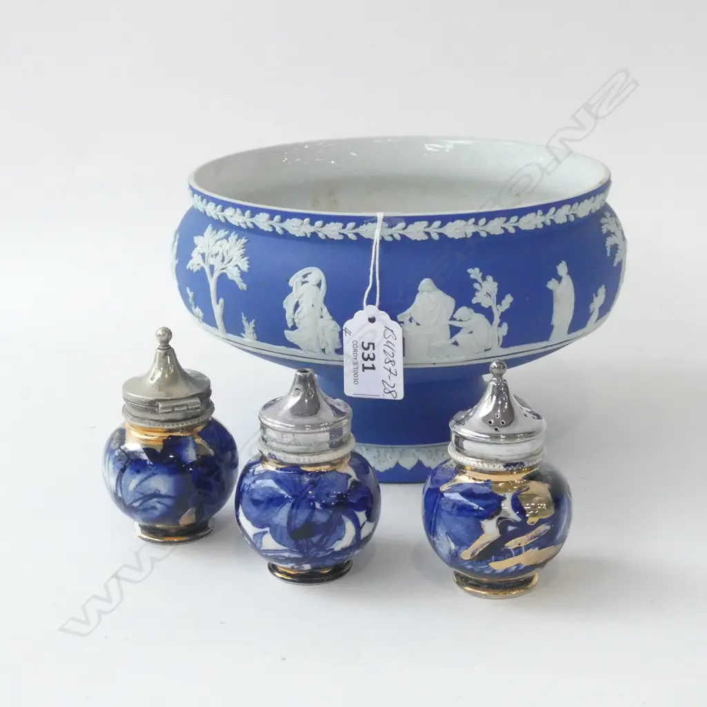 VICTORIAN COBALT WEDGWOOD PEDESTAL BOWL Dia.200mm + 3 SIMILAR CONDIMENTS Image 1++
