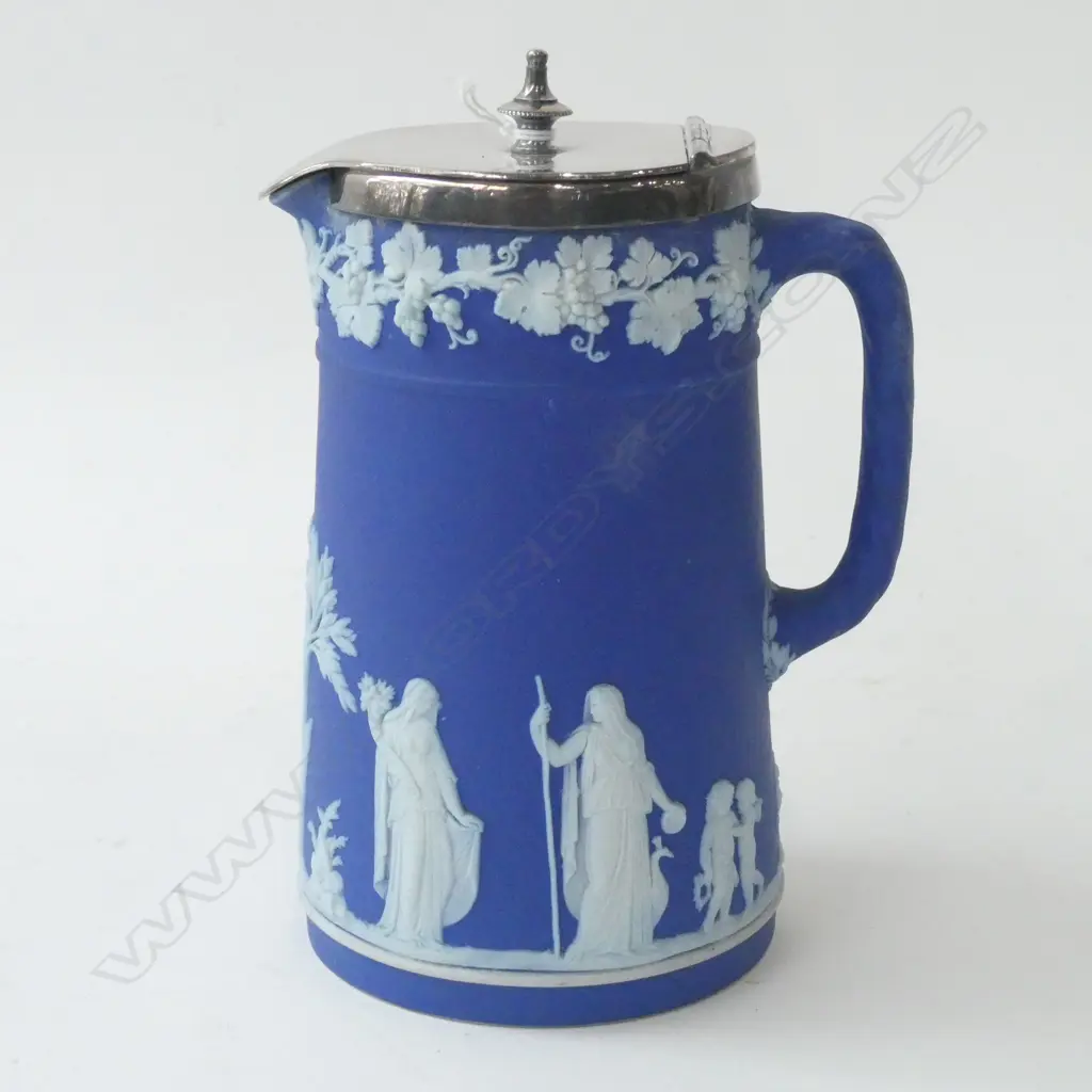 C1900 COBALT BLUE WEDGWOOD JUG S/PLATE HINGED LID H.170mm Image 1++