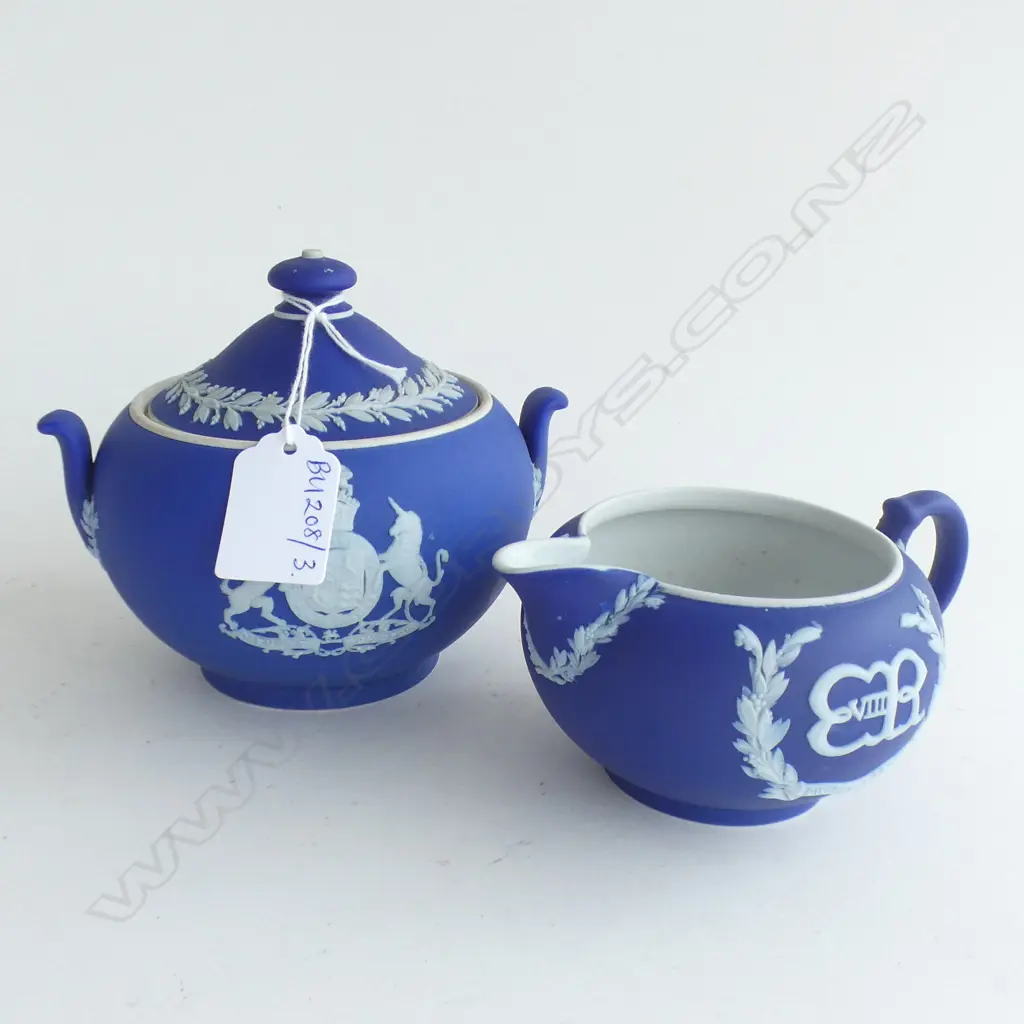 WEDGWOOD BLUE JASPER WARE MILK & LIDDED SUGAR 'EDWARD VIII 1937' Image 1++