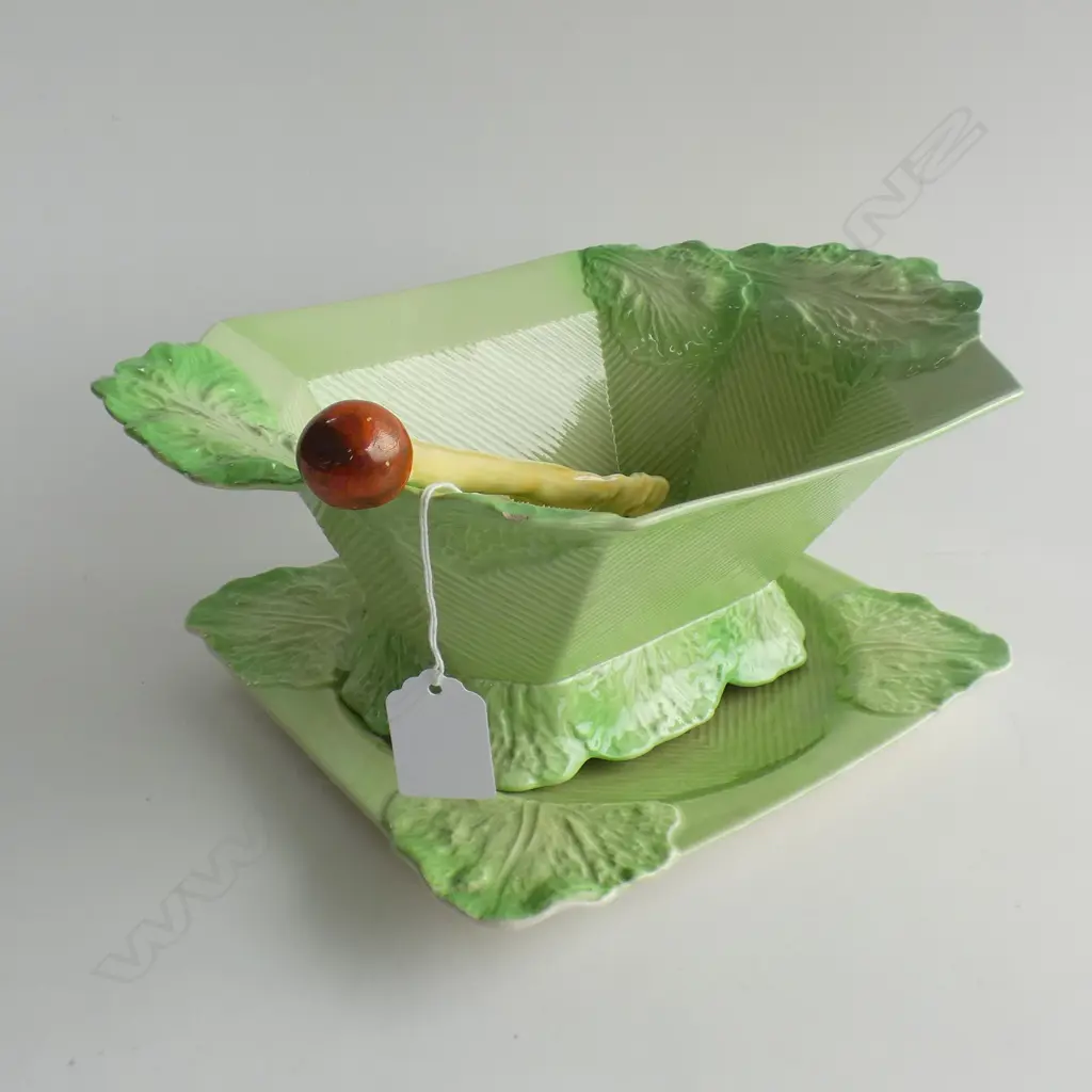3 PCS CARLTON WARE ART DECO LETTUCE LEAF DISHES C1940-50's; LG BOWL, PLATE & SERVING SPOON Image 1++
