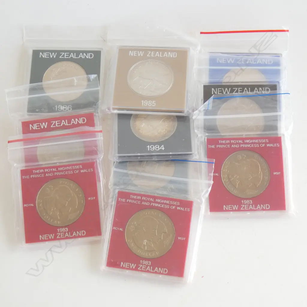 TEN COMMEMORATIVE NZ DOLLAR COINS 1981/82/83/84/85/86 ROYAL VISIT/86 KAKAPO 3 X 1983 CHARLES & DI Image 1++