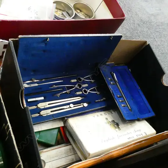 BOX LOT TECH DRAWING SETS ETC