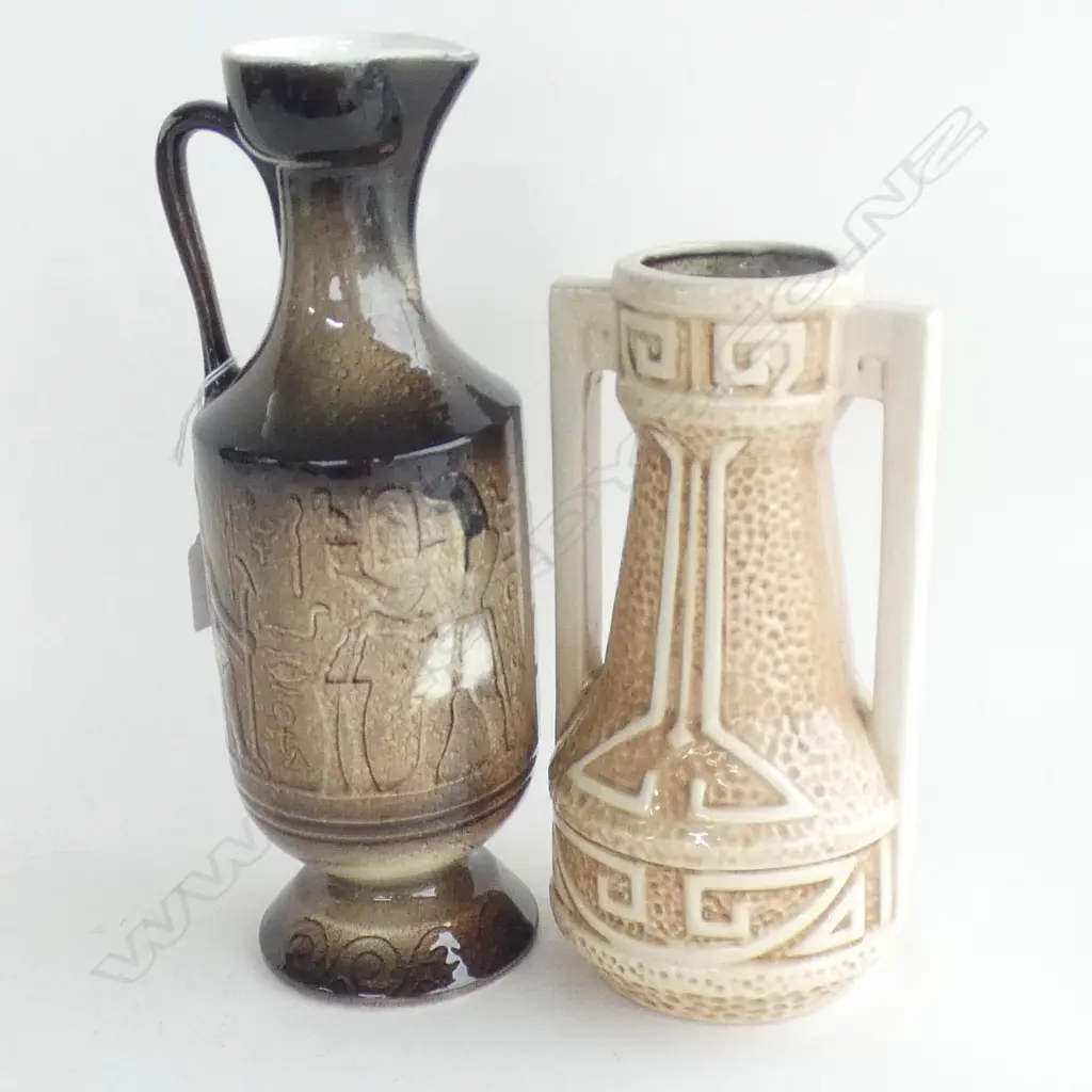TITIAN STUDIO 'EGYPTIAN' JUG H.315mm + ARTS & CRAFTS BROWN GLAZED DOUBLED HANDLED VASE Image 1++