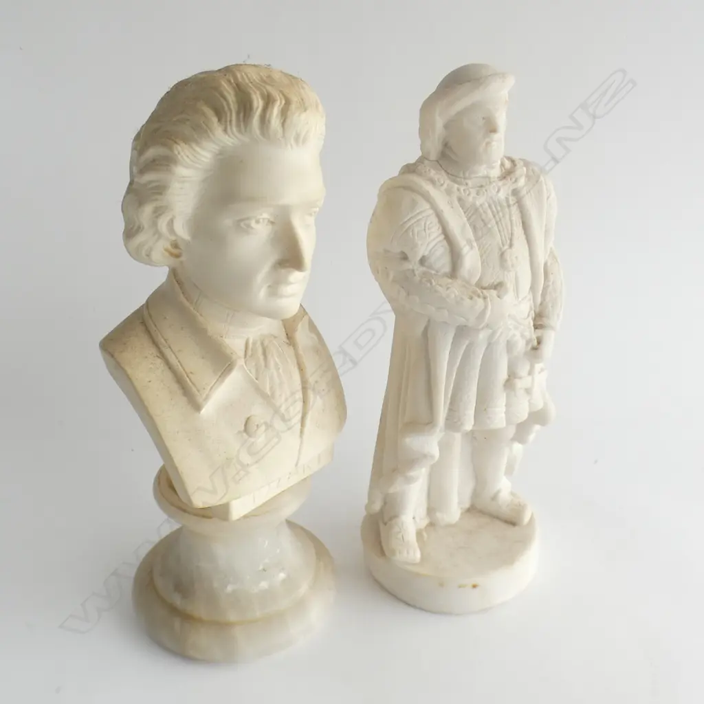 2 WHITE FIGURES; ALABASTER BUST OF MOZART ON MARBLE BASE SIGNED PROF G BESSI  (H 240MM) + OTHER OTHER (H 240MM) Image 1++