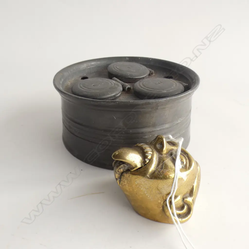 2 ANTIQUE INKWELLS: PEWTER 3 POT CAPSTAN + BRASS HEAD W TONGUE LID Image 1++