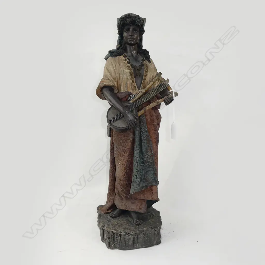 CERAMIC FIGURE w. STRINGED INSTRUMENT H.500mm (OLD REPAIR TO STRINGS) Image 1++