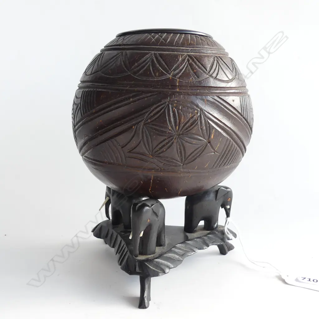 PACIFIC ISLAND CRVED LIDDED COCONUT BOWL ON ELEPHANT STAND H.200mm Image 1++
