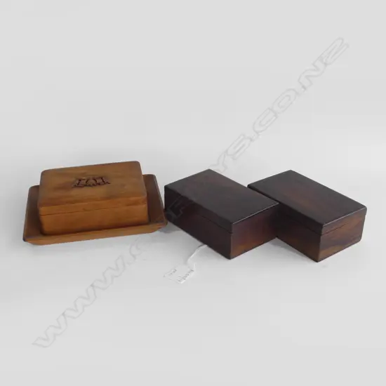 3 TREEN WOODEN BOXES; ORIENTAL BOX w. CROWN BAS RELIEF ON TRAY + PR OTHER W.130mm