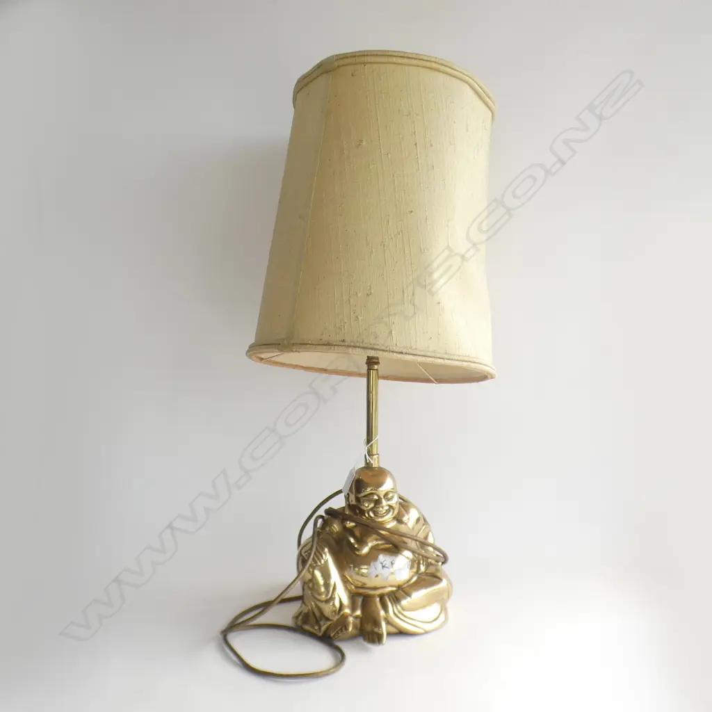 BRASS BUDDHA LAMP w. RETRO YELLOW SILK SHADE H.700mm Image 1++