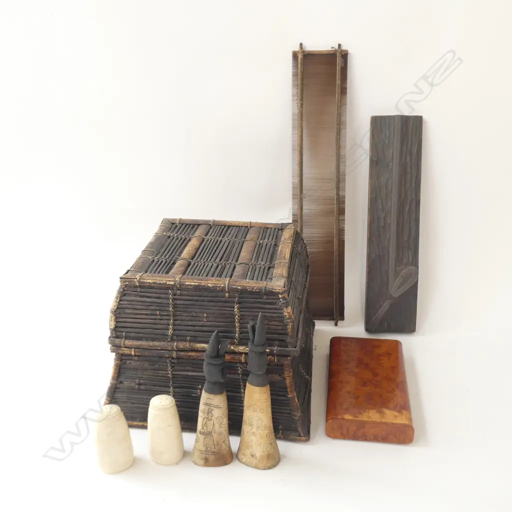 PR BONE FIGURES + CONDIMENTS + 3 WOODEN PCES; PRINTING BLOCK, BURR LIDDED CONTAINER, WEAVERS HEDDLE L420mm, WOVEN BASKET Image 1++