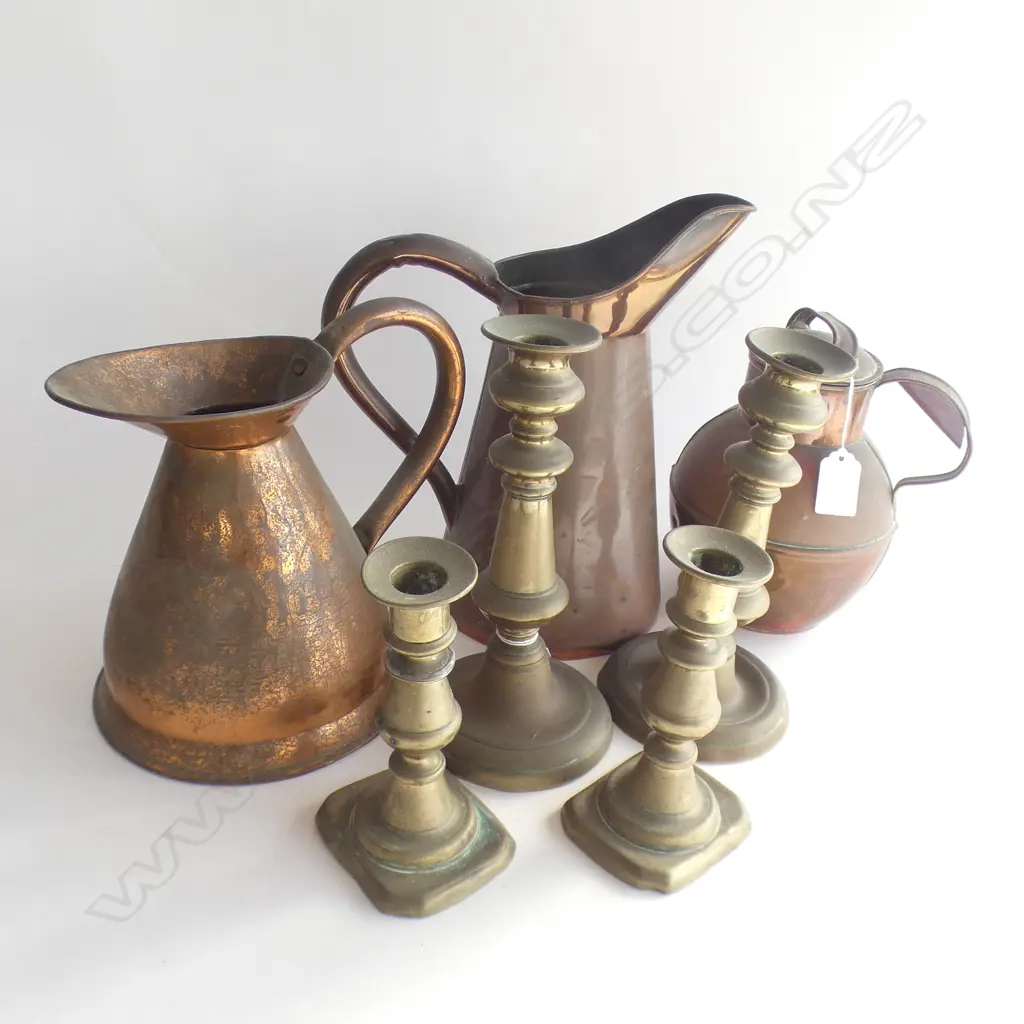 3 COPPER JUGS + 2 PRS BRASS CANDLESTICKS  Image 1++