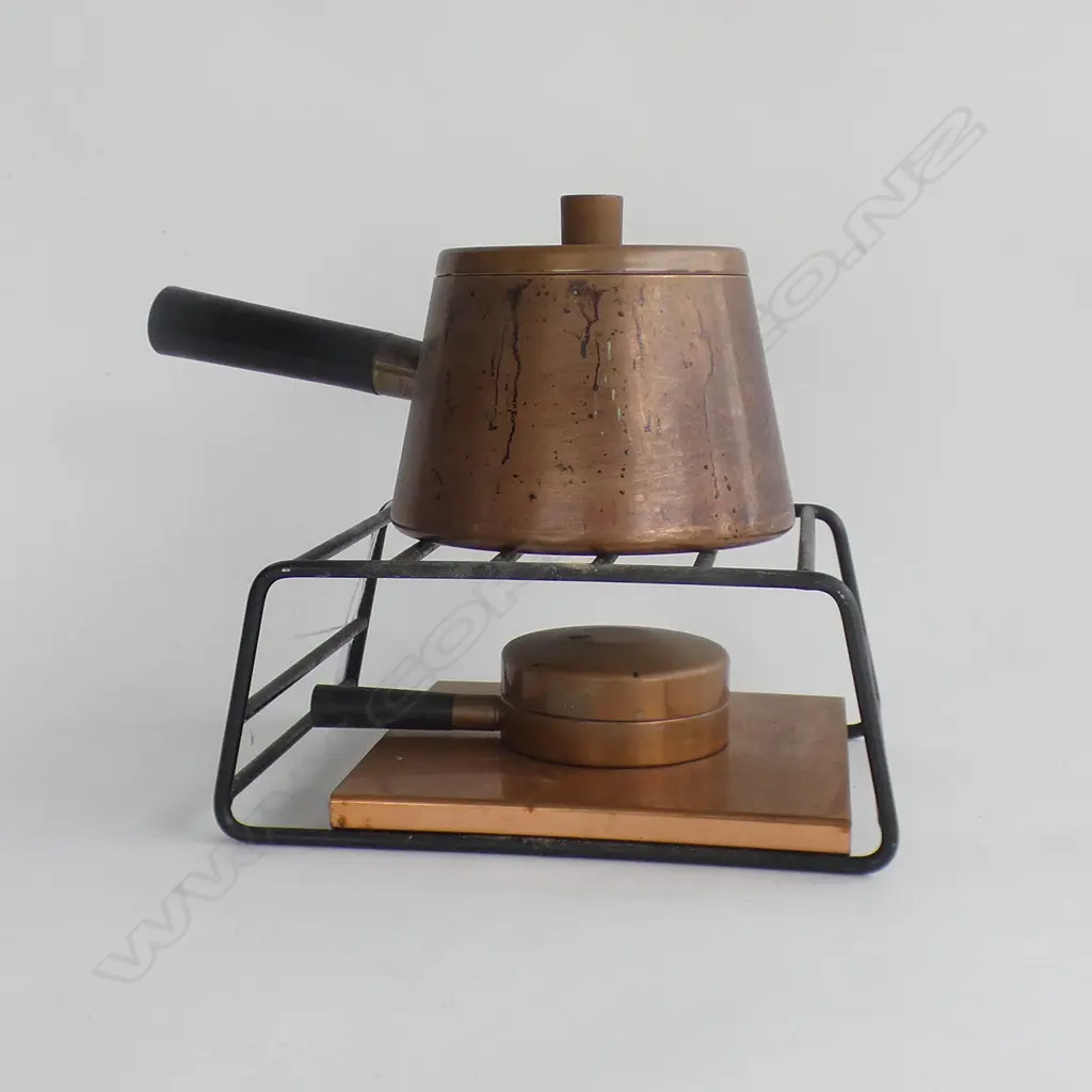MID CENTURY COPPER FONDUE SET; STAND, BURNER & SAUCEPAN  Image 1++