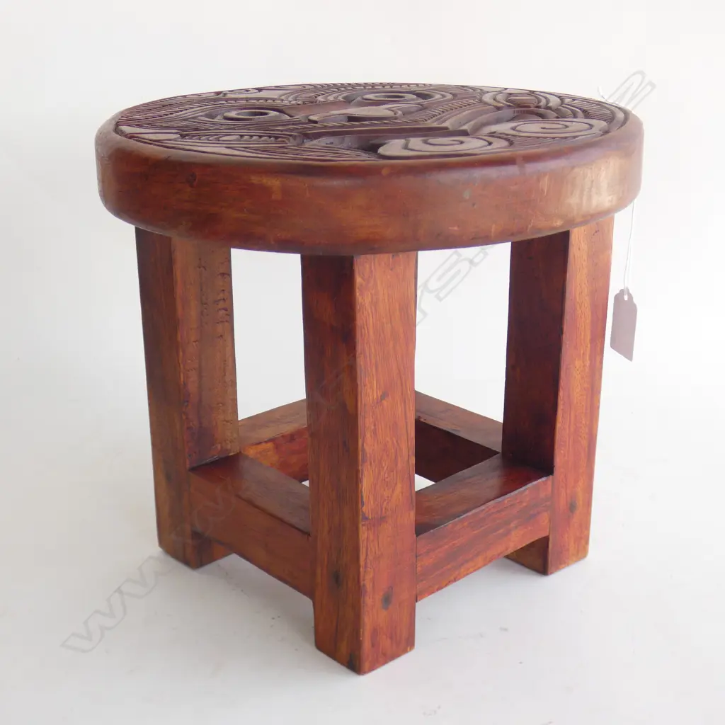 CARVED WOODEN MAORI STOOL H.240mm 260mm dia Image 1++