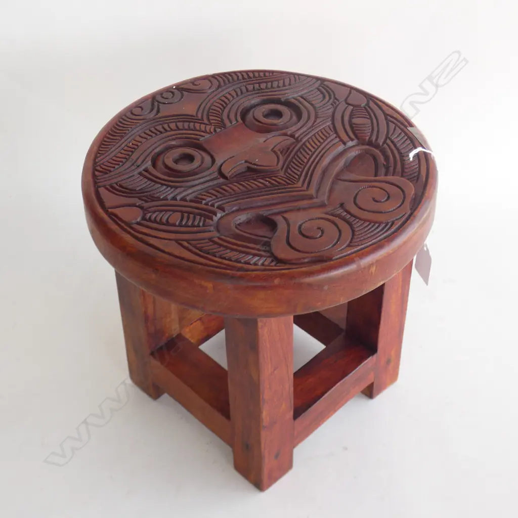 CARVED WOODEN MAORI STOOL H.240mm 260mm dia Image 1++