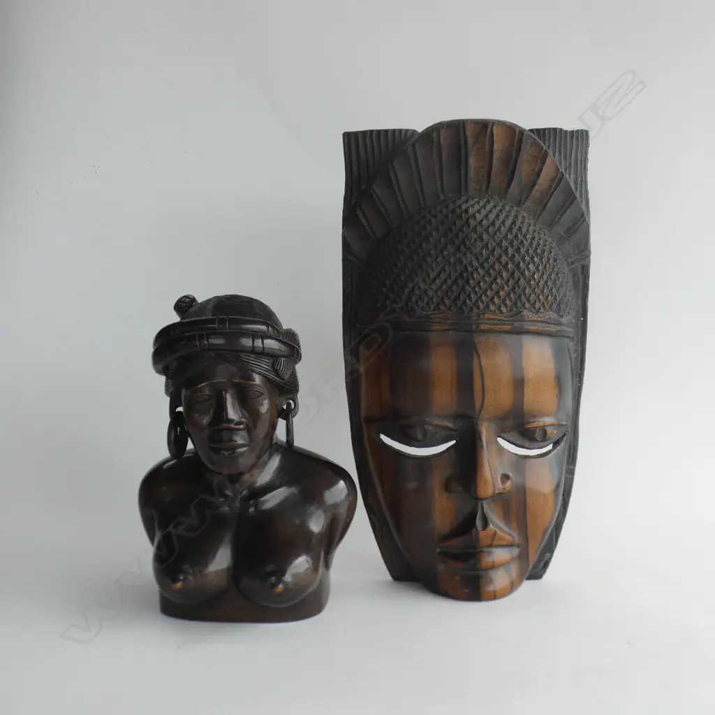 2 X CARVINGS EBONY? WOMAN + WALL MASK Image 1++