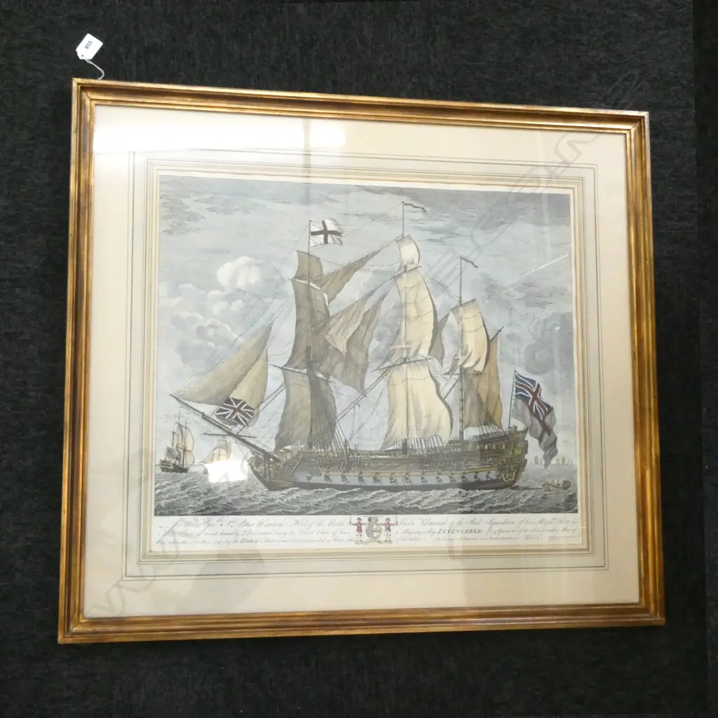 COLOURED PAPER ENGRAVING HMS INVINCIBLE 1751 510x580mm Image 1++