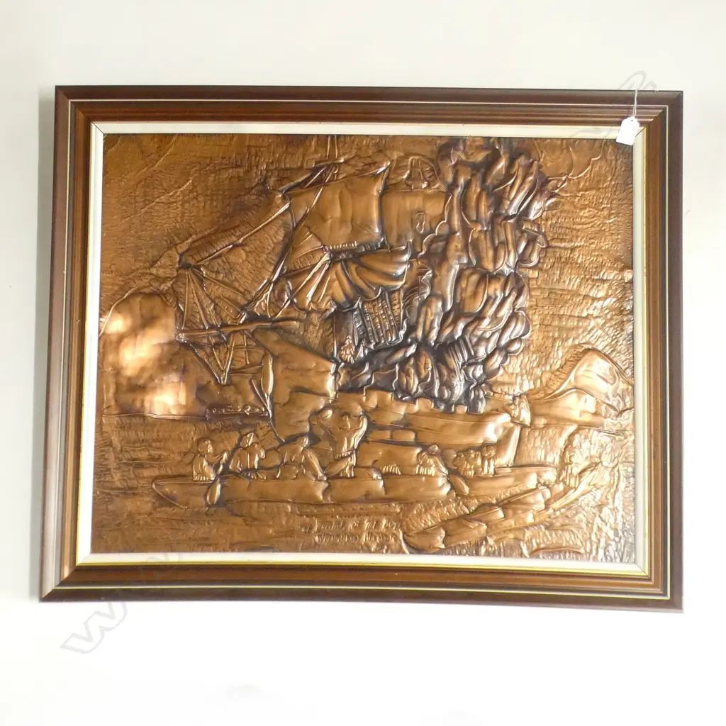 1970'S 'BURNING OF THE BOYD WHANGAROA HARBOUR' EMBOSSED COPPER PLAQUE 600 X 750mm Image 1++