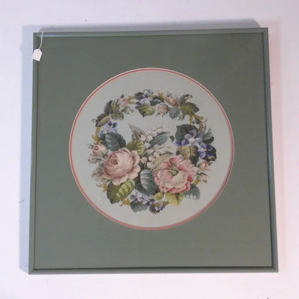 LARGE FRAMED FLORAL NEEDLEPOINT EMBROIDERY 475mm dia / 705x685mm Image 1++