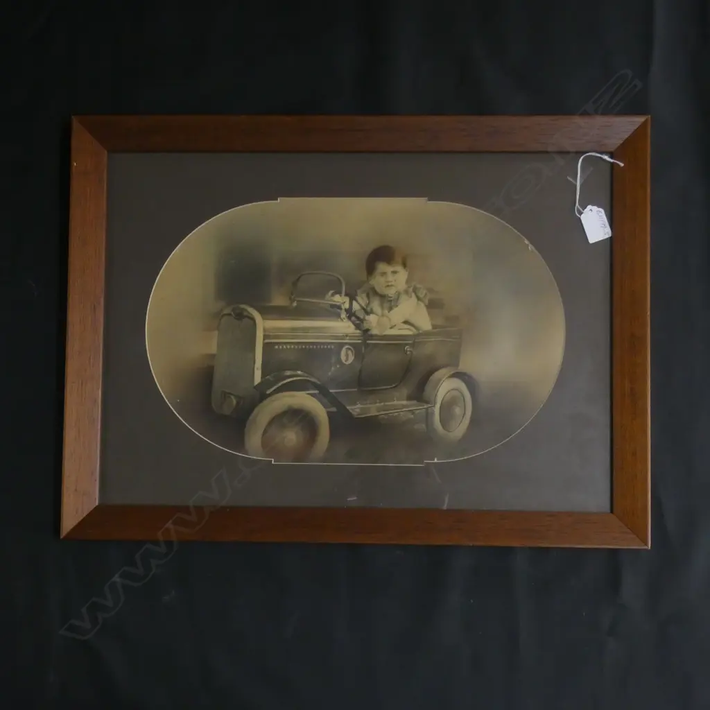 C1900 HAND COLOURED B&W PHOTO BOY IN PEDAL CAR 270 x 415mm Image 1++