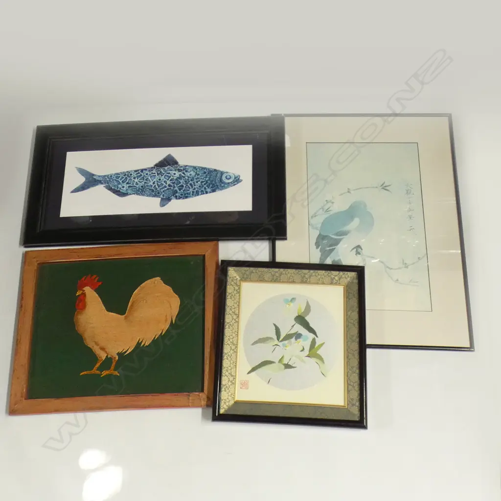 4 ARTWORKS; ORIENTAL BIRD PRINT, ORIENTAL FLORAL, FOLK ART CHICKEN 315x395mm, MANDY TAIT BLUE FISH PRINT Image 1++