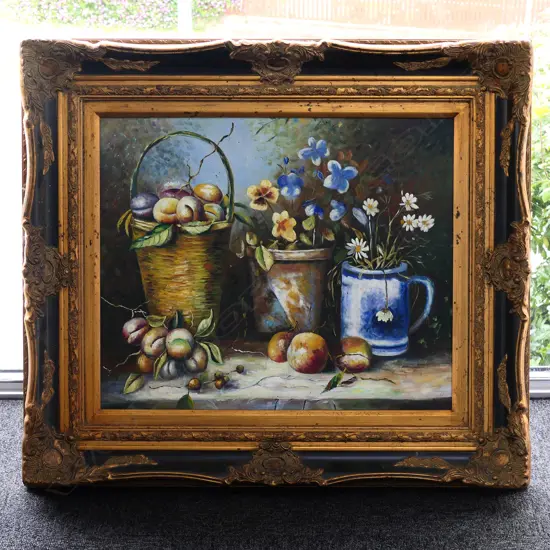 LG FLORAL STILL LIFE, OIL ON CANVAS, ORNATE GILT FRAME, 500 x 600mm