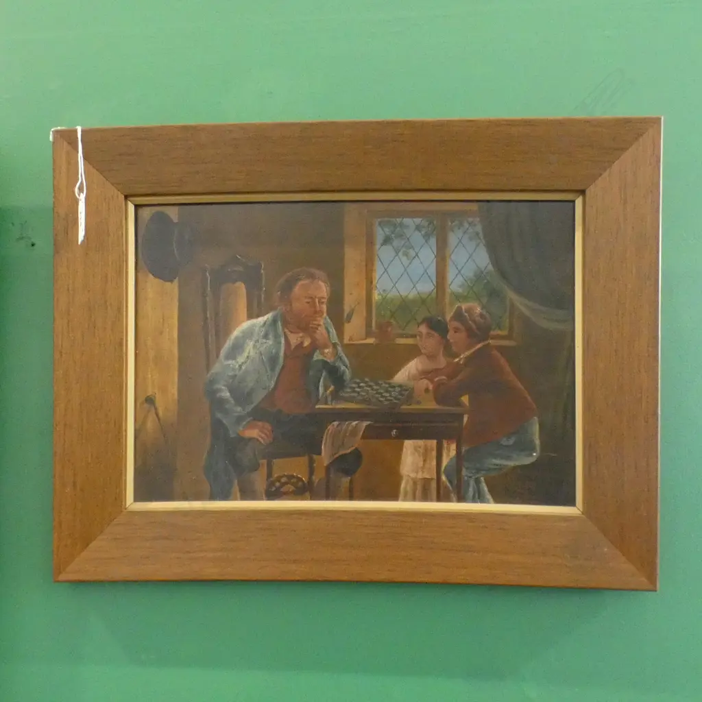 ARTIST UNKNOWN ANTIQUE STYLE NAIVE OIL; FAMILY PLAYING CHECKERS 230x330mm Image 1++