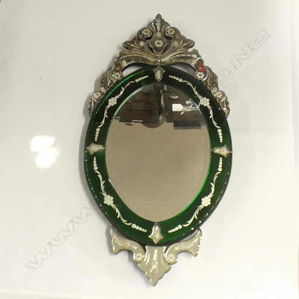 VENETIAN SECTIONAL WALL MIRROR. ENGRAVED COLOURED H.1000mm GREEN FRAME HAS DAMAGE Image 1++