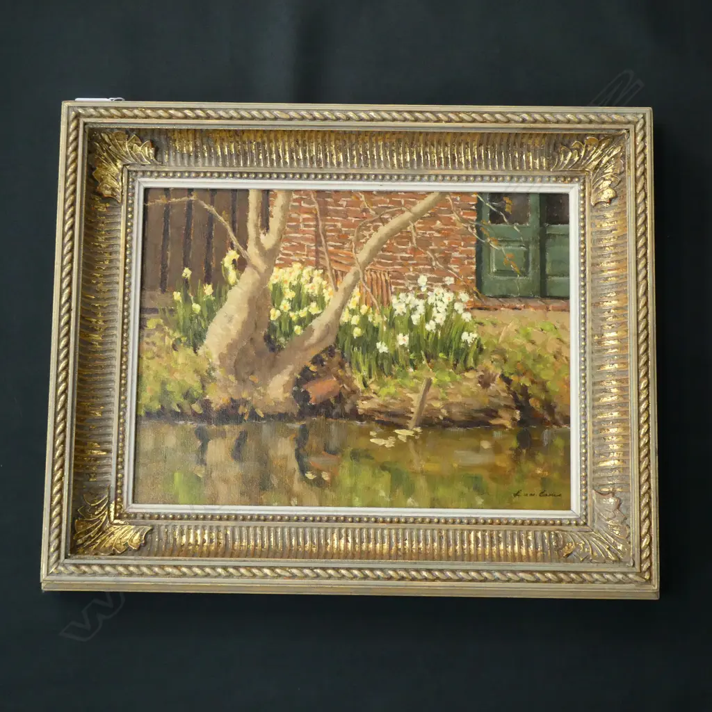 LEO VAN DEN ENDE; CANAL w. SPRING FLOWERS 'VOORHOUT' OIL 300x400mm Image 1++
