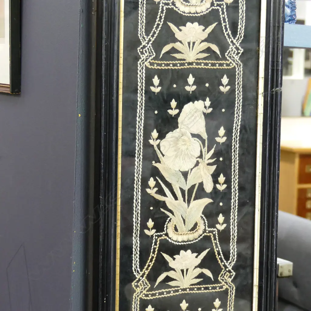 HAND EMROIDERED WHITE FLORALS ON BLACK GROUND, FRAMED 1360x215mm Image 1++