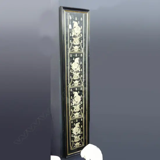 HAND EMROIDERED WHITE FLORALS ON BLACK GROUND, FRAMED 1360x215mm