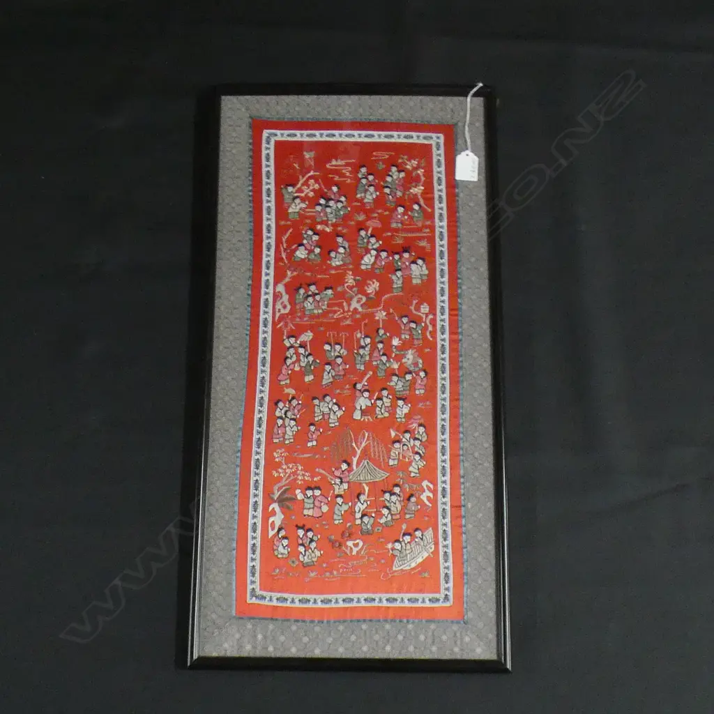 CHINESE SILK EMBROIDERY MULTIPLE CHILDREN ON RED FRAMED. 660 x 330mm Image 1++