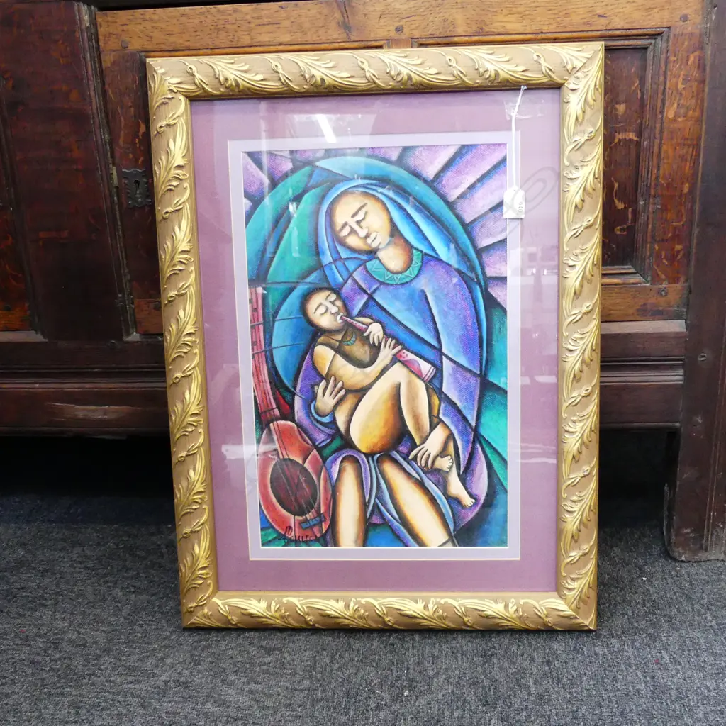 ABSTRACT MOTHER & CHILD PAINTING IN GILT FRAME 300 X 500MM Image 1++