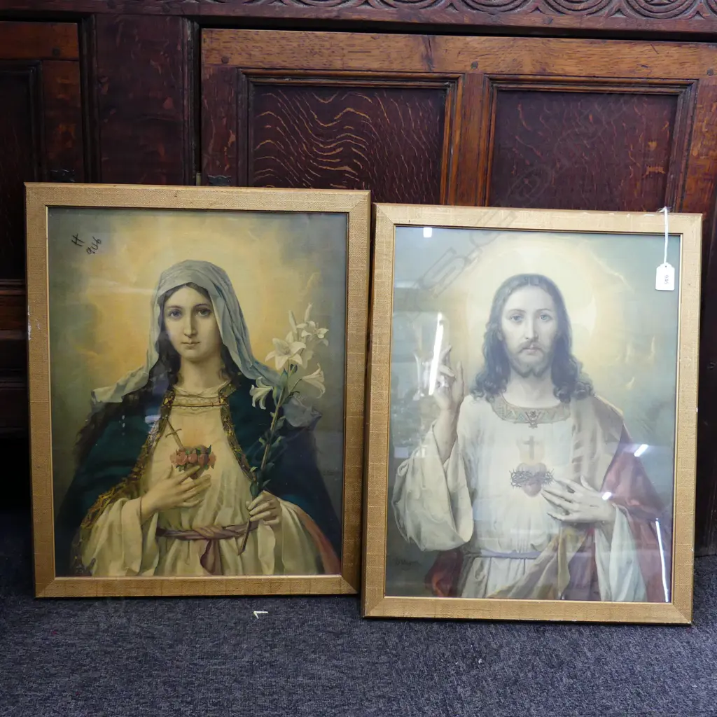 2 RELIGIOUS FRAMED PRINTS; SACRED HEART & MARY 385 X 500MM Image 1++