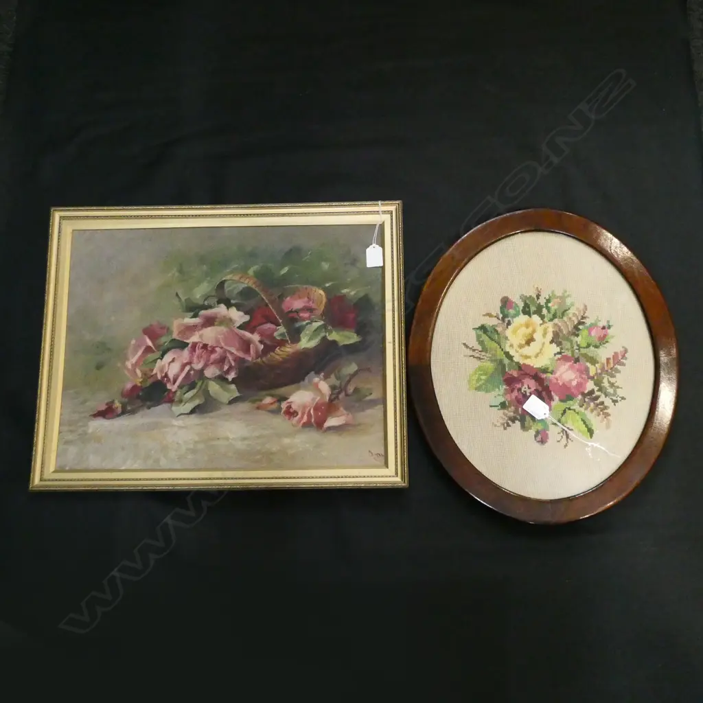 FRAMED TAPESTRY AND OIL STILL LIFE  Image 1++