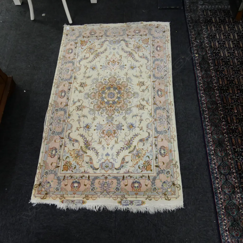 FINE PERSIAN RUG SILK HIGHLIGHTS BLUE CREAM & PINK  signed, fringe with some loss 1680 x 1000mm Image 1++